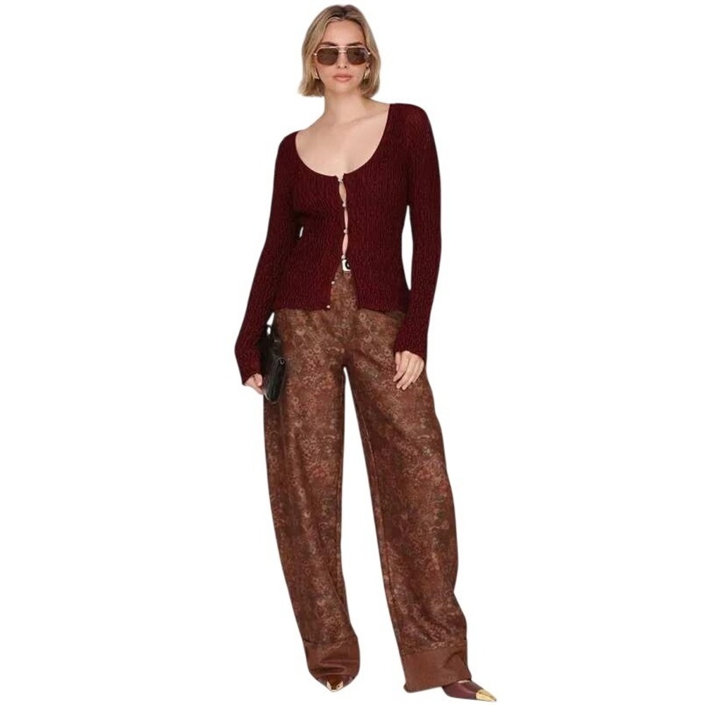 AVEC LES FILLES Wide Barrel Leg Pants Brown Floral Tapestry Cuffed 12 NWT $148